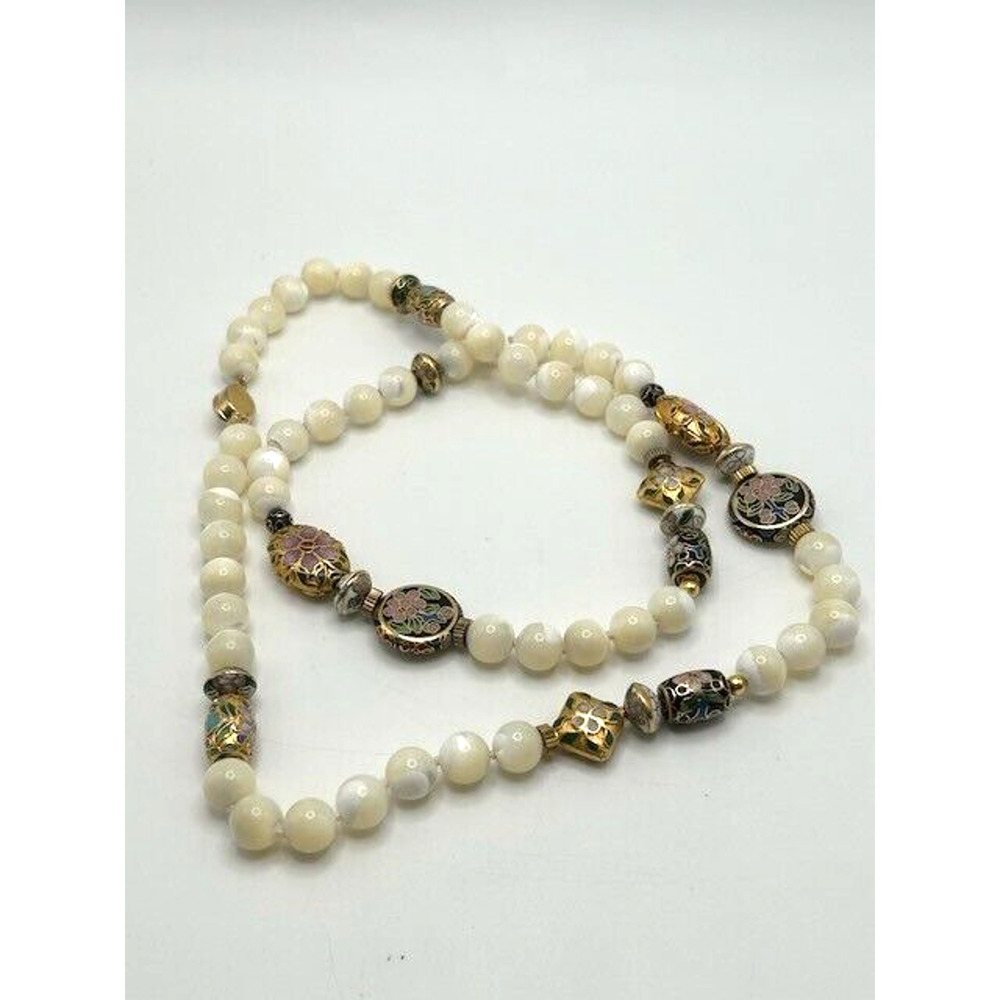 Vintage Japan Floral Enamel Painted Beaded Necklace White 28"โ